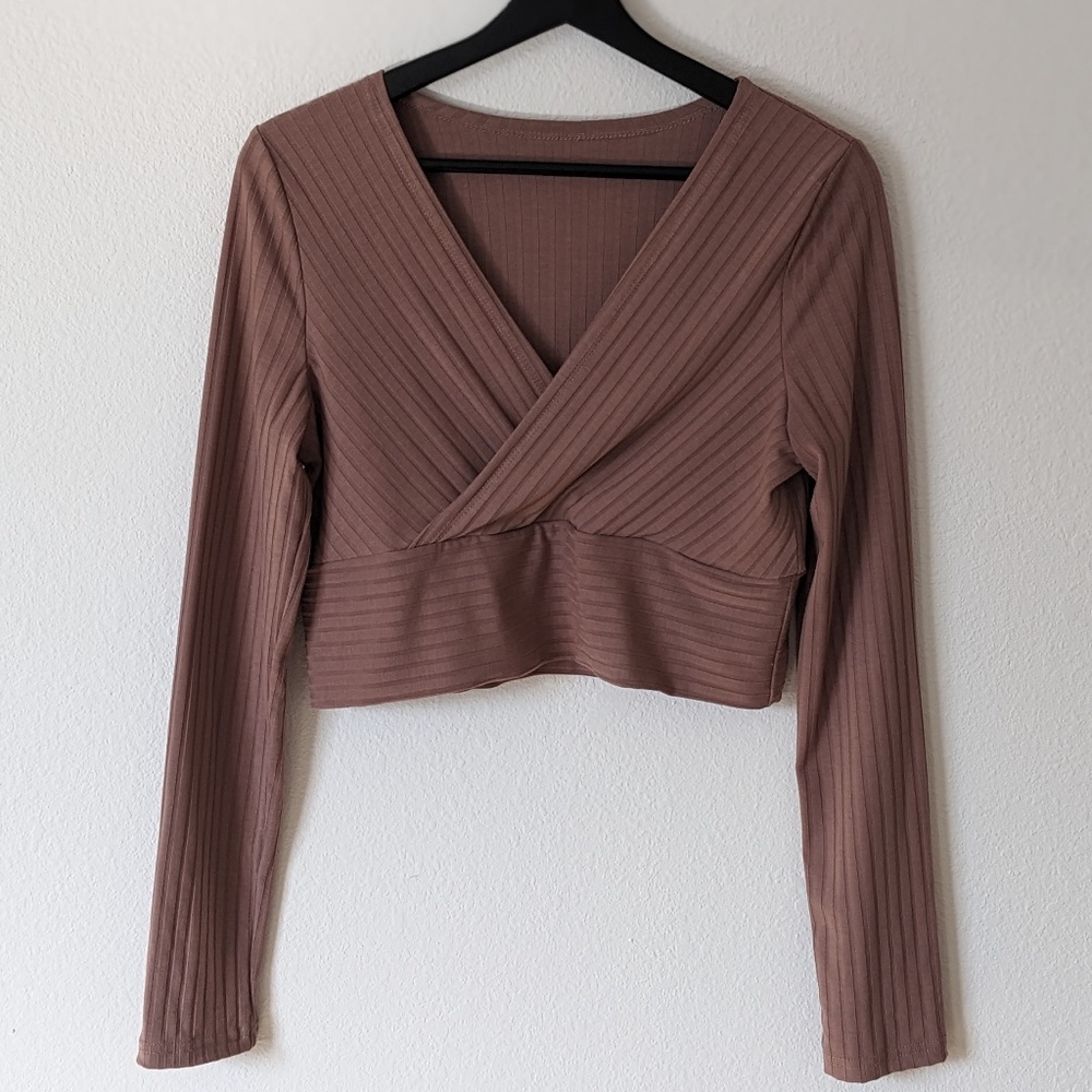 Ribbed long sleeve wrap crop top